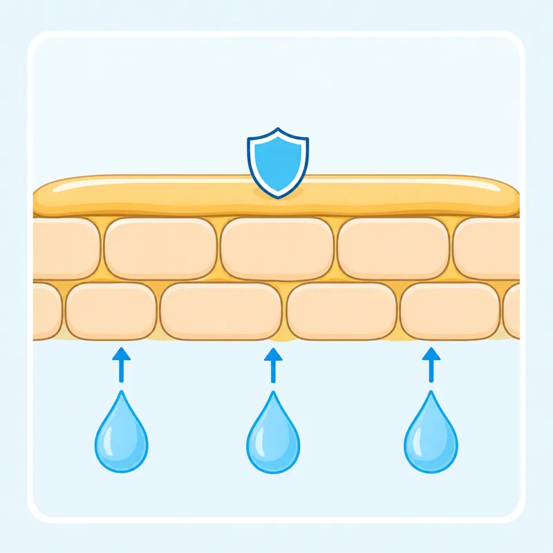 Simple diagram showing a layer of natural oils helping keep water inside the skin.
