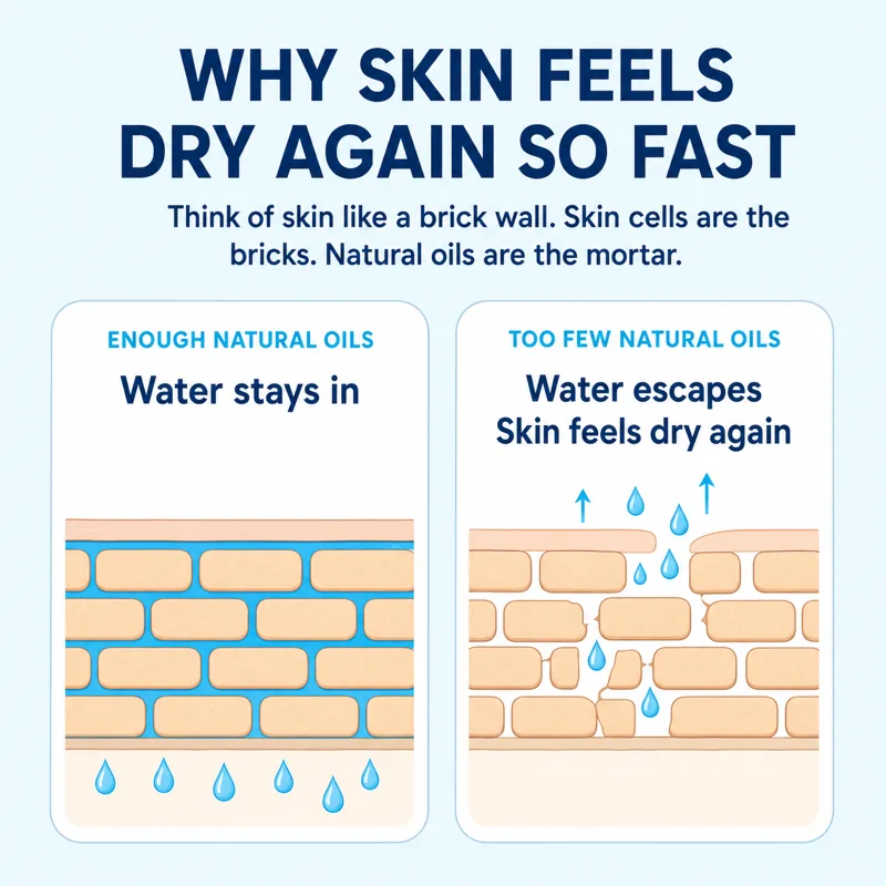 Simple diagram showing that natural skin oils fill gaps between skin cells and help keep water from escaping.